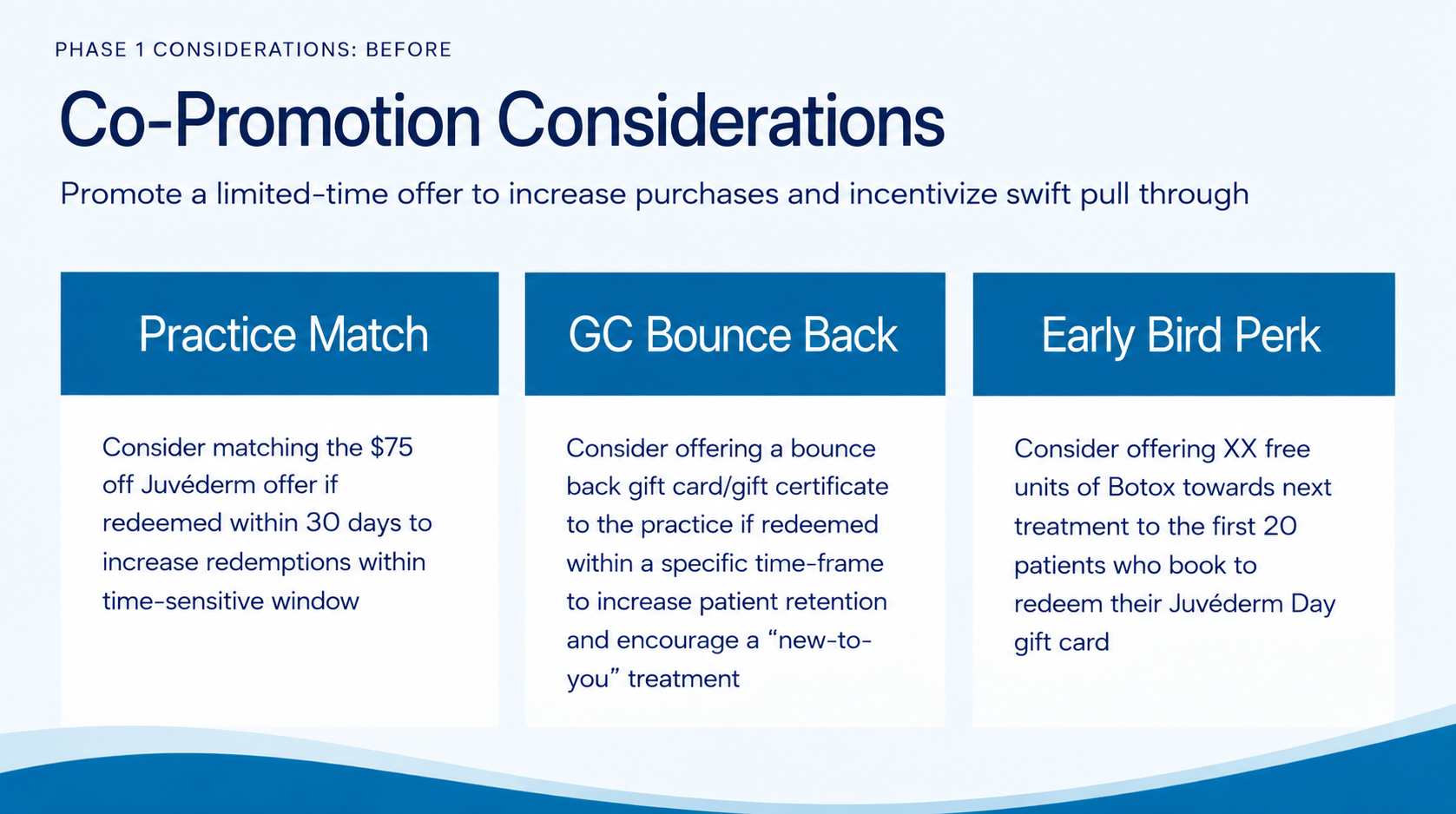 Co-promotion considerations: practice match, gift card bounce back, early bird perk